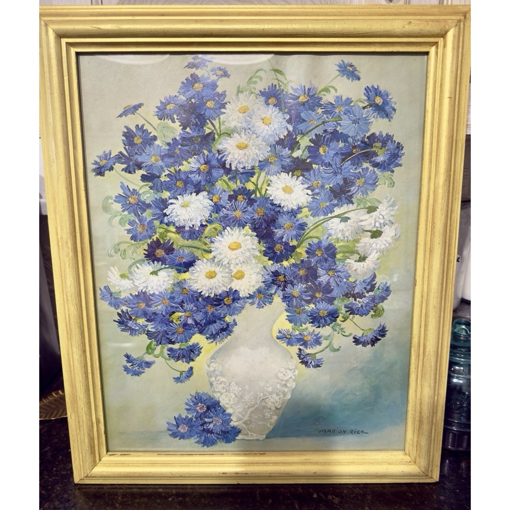 Vintage Marion Rice Framed Lithograph Print Floral Vase Signed 19.5x23.5"